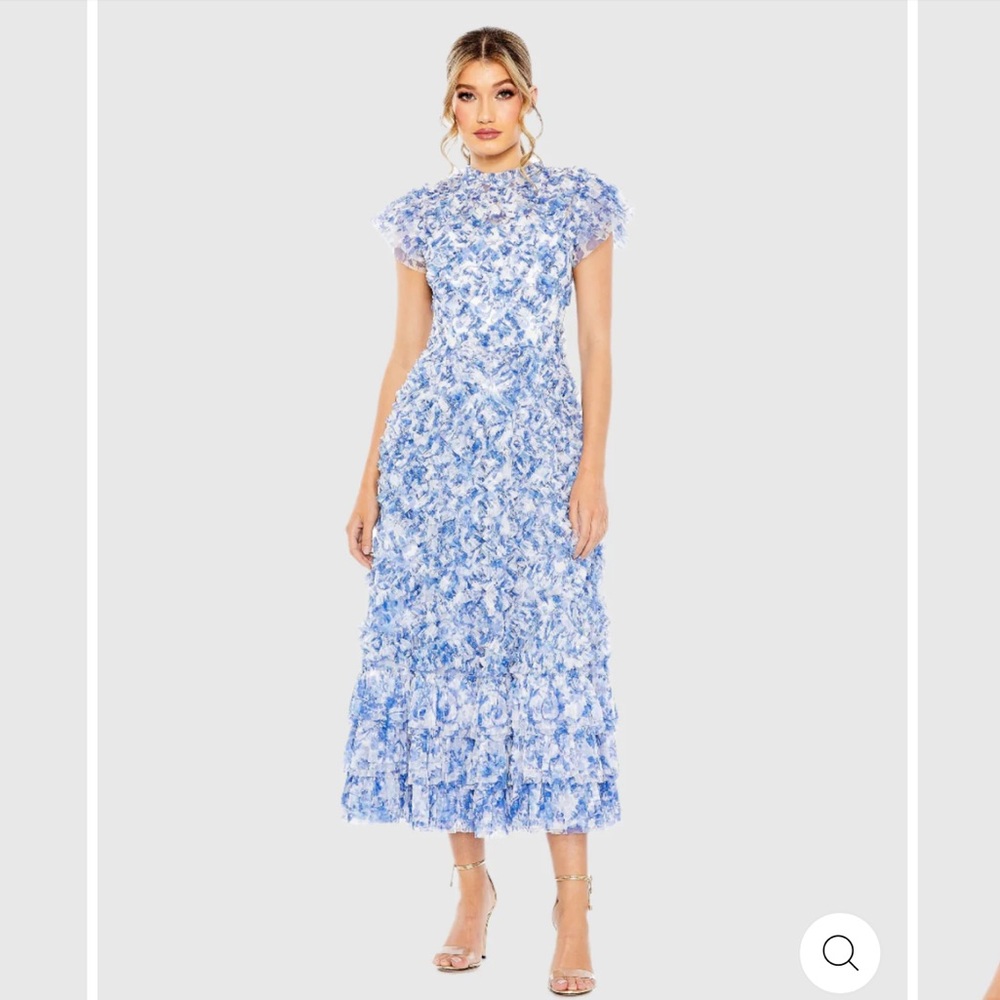 MAC DUGGAL HIGH NECK RUFFLE CAP SLEEVE FLORAL DRESS